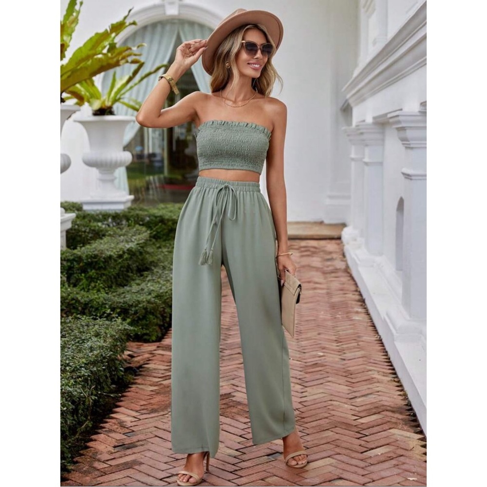SHEIN Green Wide Leg Two Piece Set